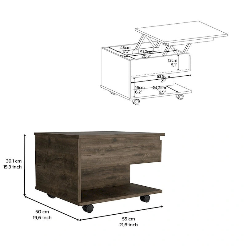 Lift-Top Coffee Table with Locking Casters, Dark Brown