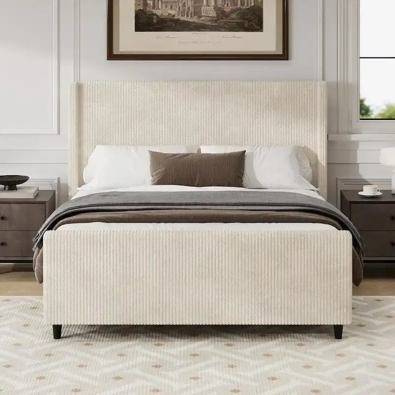 Corduroy Upholstered Platform Bed with 50.7-Inch Wingback Headboard