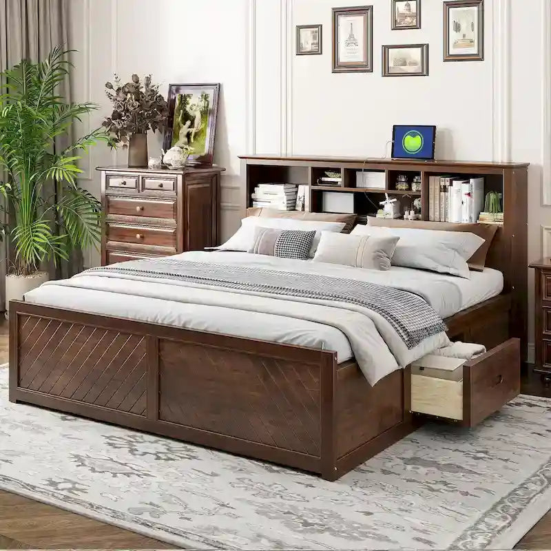 King Bed with Storage Headboard, 2 Drawers & USB Ports