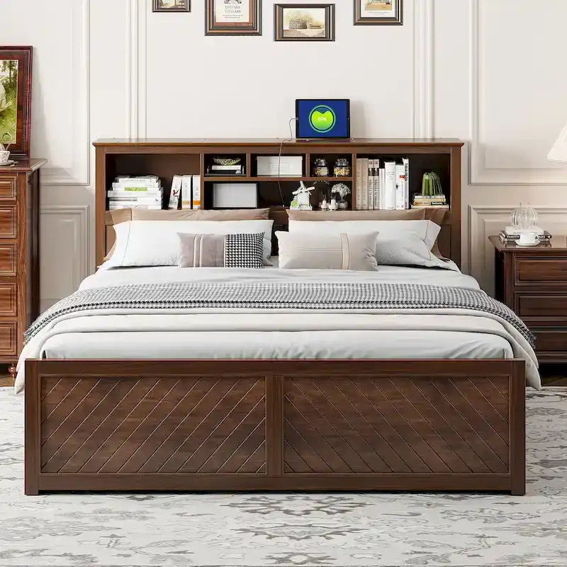 King Bed with Storage Headboard, 2 Drawers & USB Ports