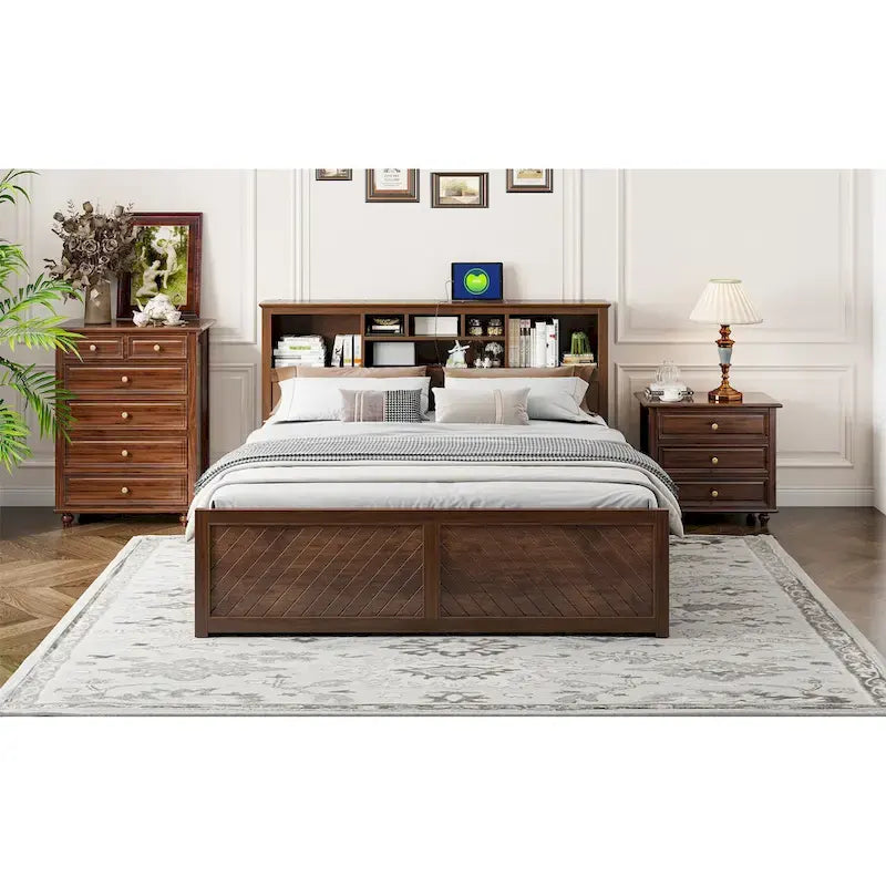 King Bed with Storage Headboard, 2 Drawers & USB Ports