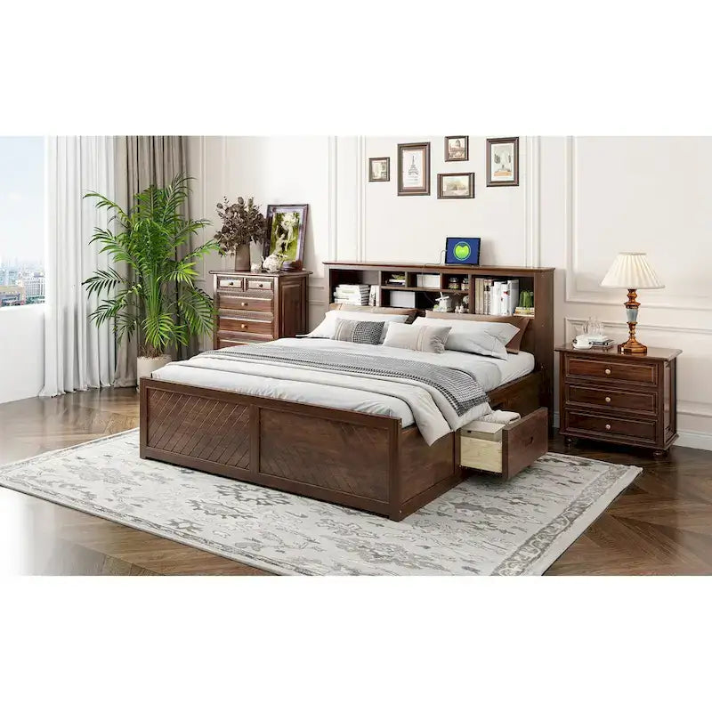 King Bed with Storage Headboard, 2 Drawers & USB Ports