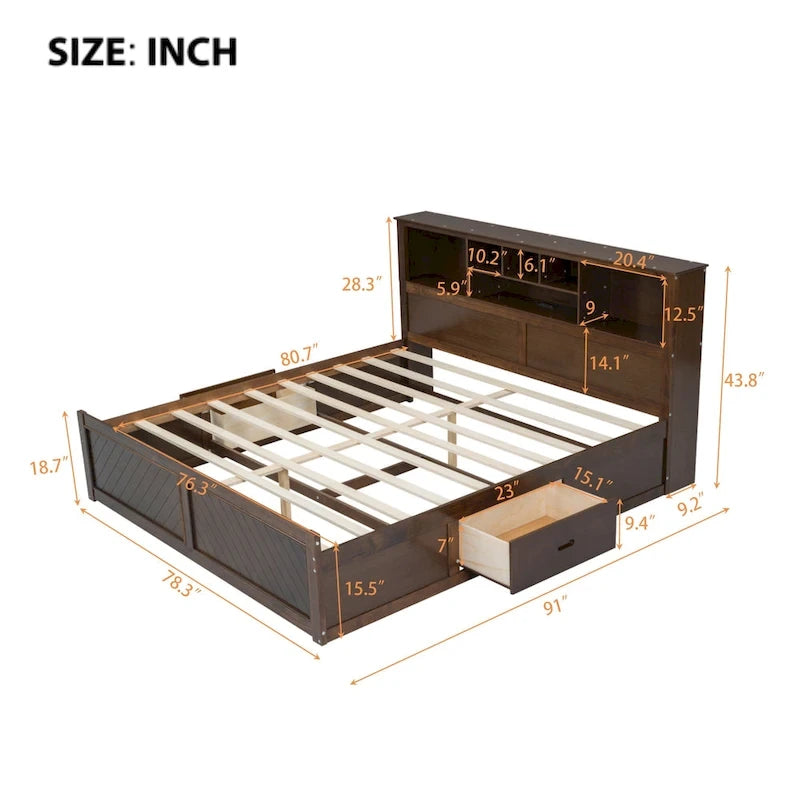 King Bed with Storage Headboard, 2 Drawers & USB Ports