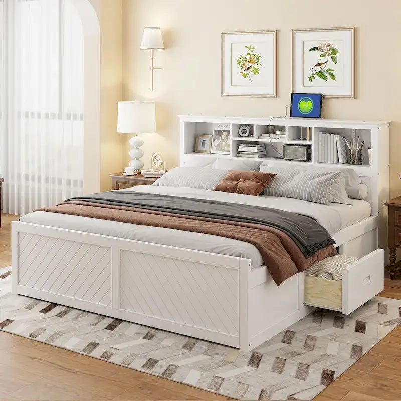 King Bed with Storage Headboard, 2 Drawers & USB Ports
