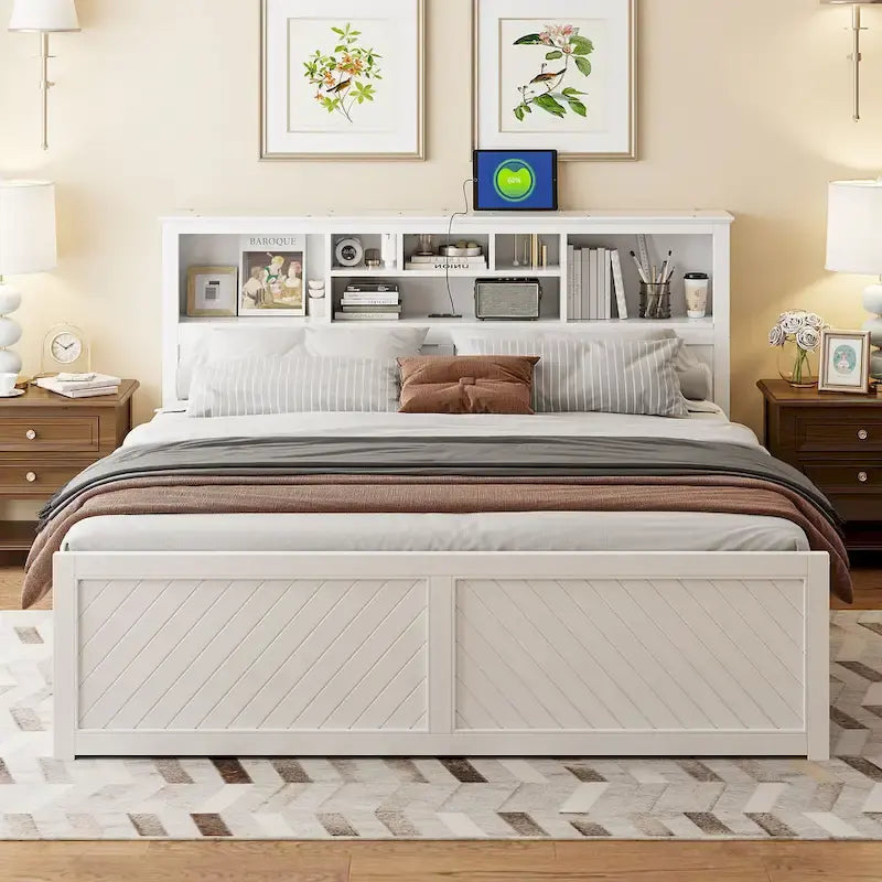 King Bed with Storage Headboard, 2 Drawers & USB Ports