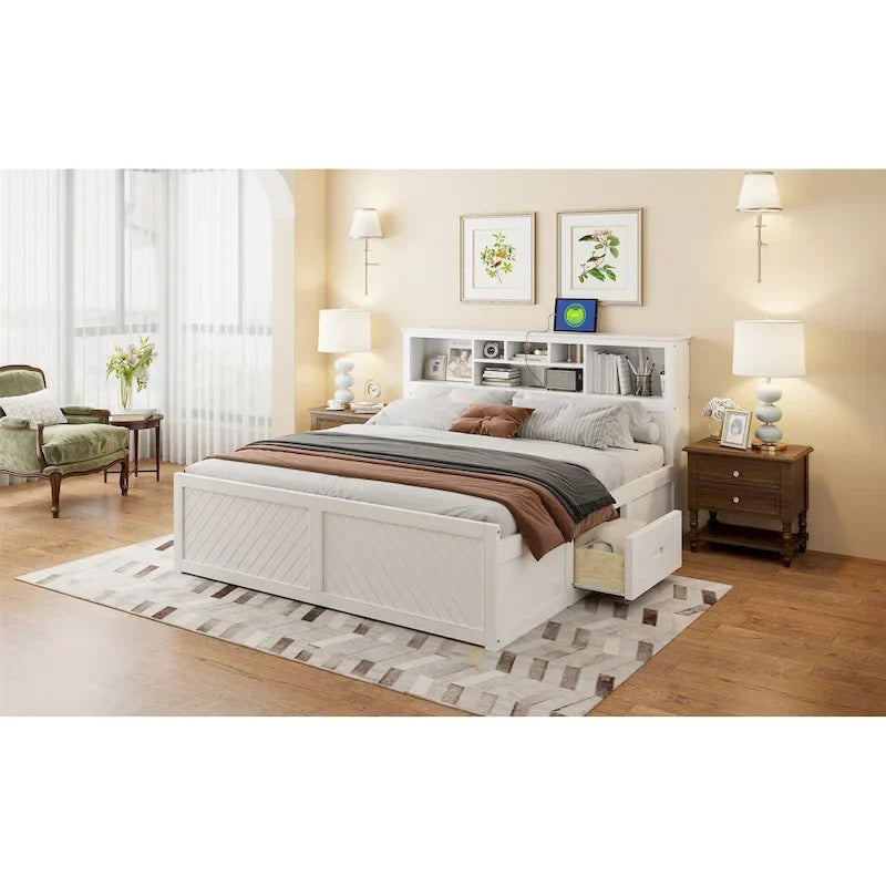 King Bed with Storage Headboard, 2 Drawers & USB Ports
