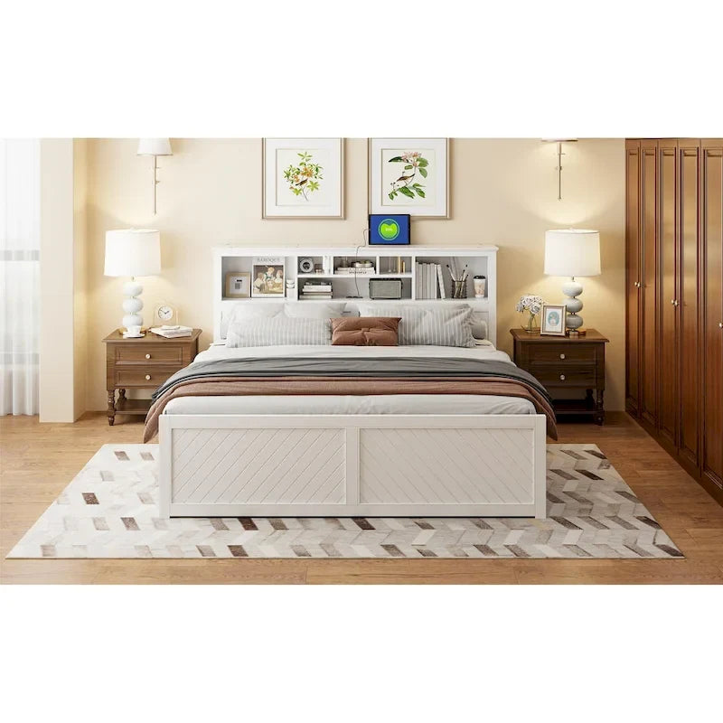 King Bed with Storage Headboard, 2 Drawers & USB Ports