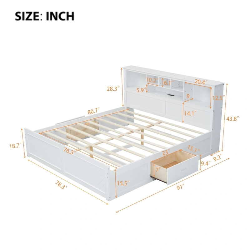 King Bed with Storage Headboard, 2 Drawers & USB Ports