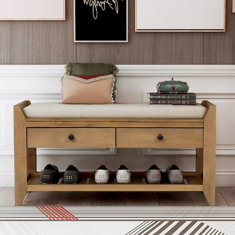 39-Inch Wood Storage Bench with Cushion, Drawers and Shoe Rack