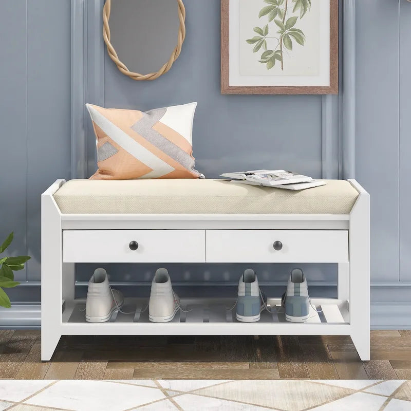 39-Inch Wood Storage Bench with Cushion, Drawers and Shoe Rack
