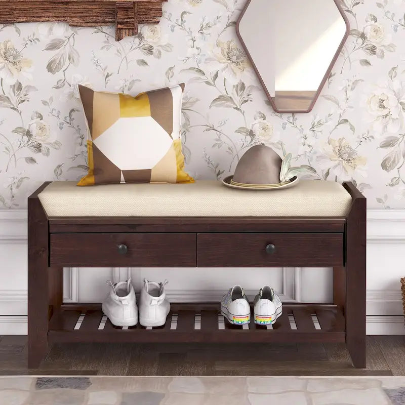 39-Inch Wood Storage Bench with Cushion, Drawers and Shoe Rack