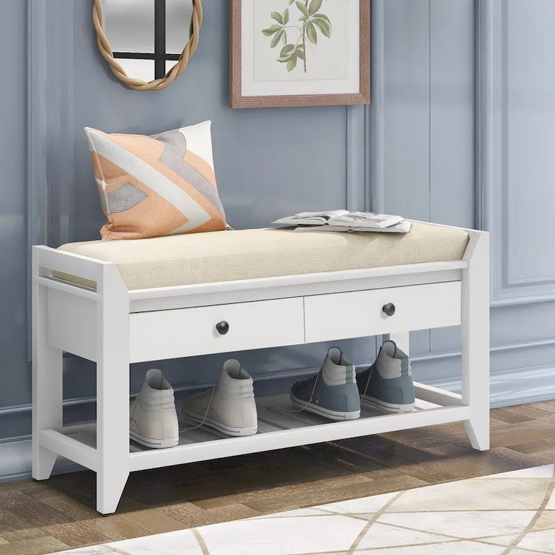 39-Inch Wood Storage Bench with Cushion, Drawers and Shoe Rack