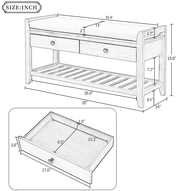 39-Inch Wood Storage Bench with Cushion, Drawers and Shoe Rack