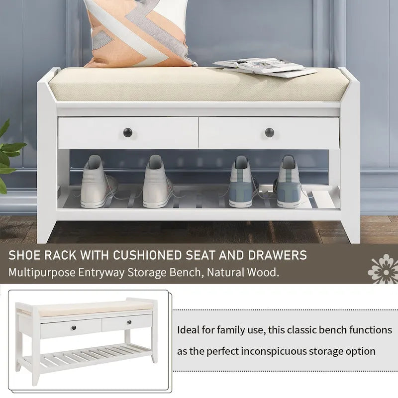 39-Inch Wood Storage Bench with Cushion, Drawers and Shoe Rack