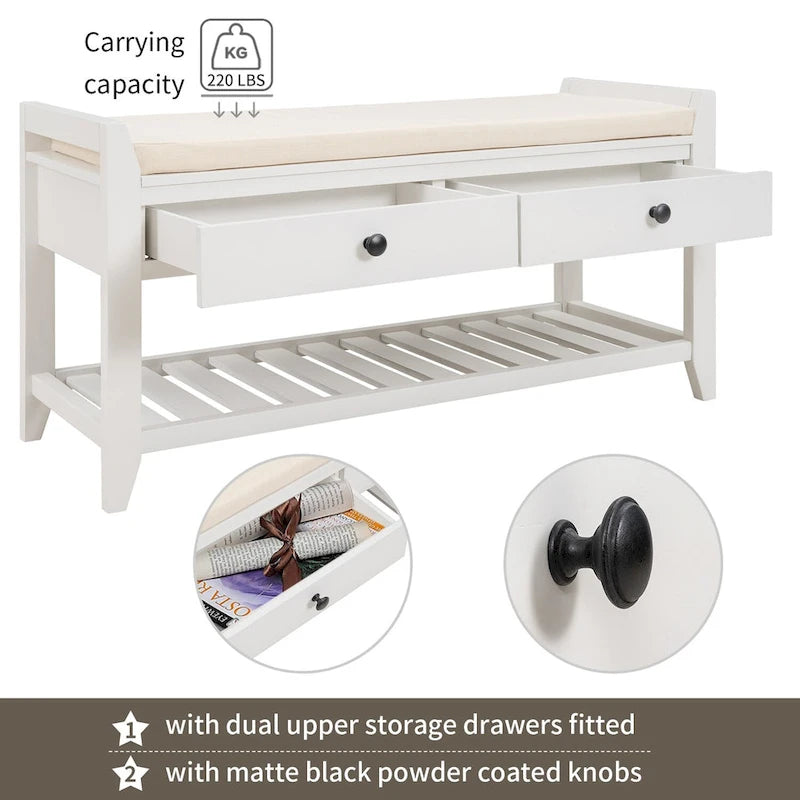 39-Inch Wood Storage Bench with Cushion, Drawers and Shoe Rack
