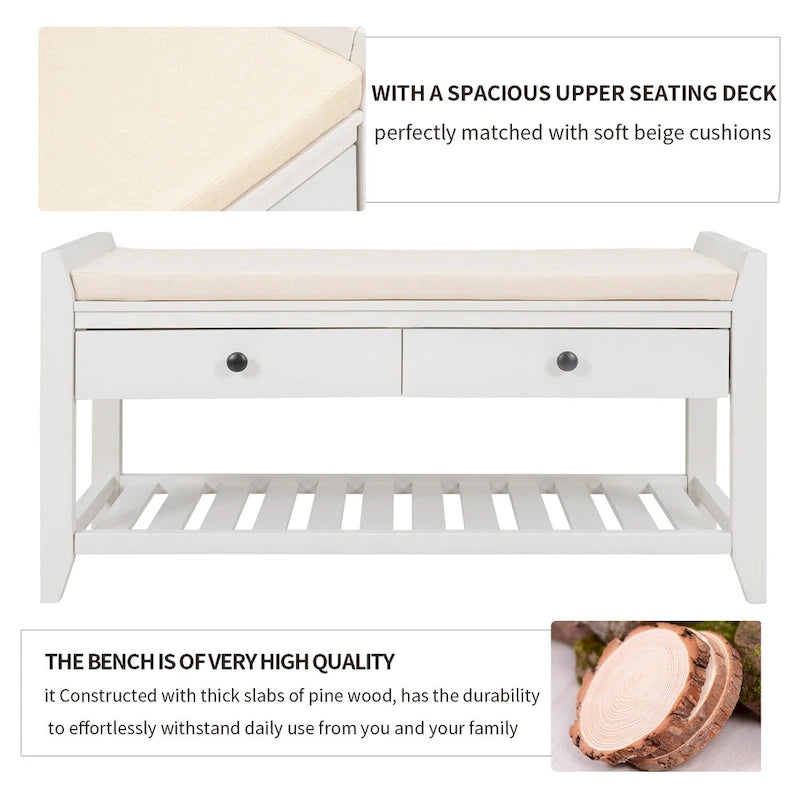 39-Inch Wood Storage Bench with Cushion, Drawers and Shoe Rack