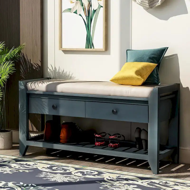 39-Inch Wood Storage Bench with Cushion, Drawers and Shoe Rack