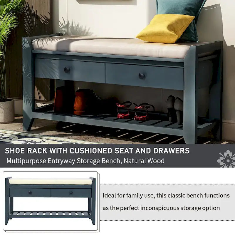 39-Inch Wood Storage Bench with Cushion, Drawers and Shoe Rack