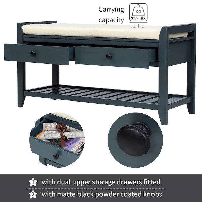 39-Inch Wood Storage Bench with Cushion, Drawers and Shoe Rack