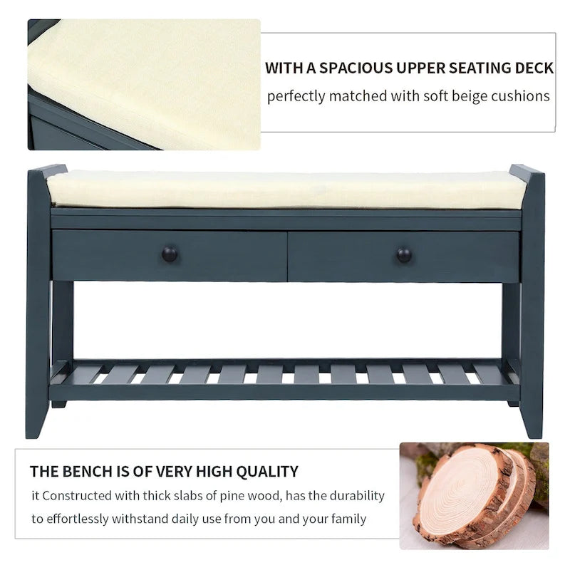 39-Inch Wood Storage Bench with Cushion, Drawers and Shoe Rack