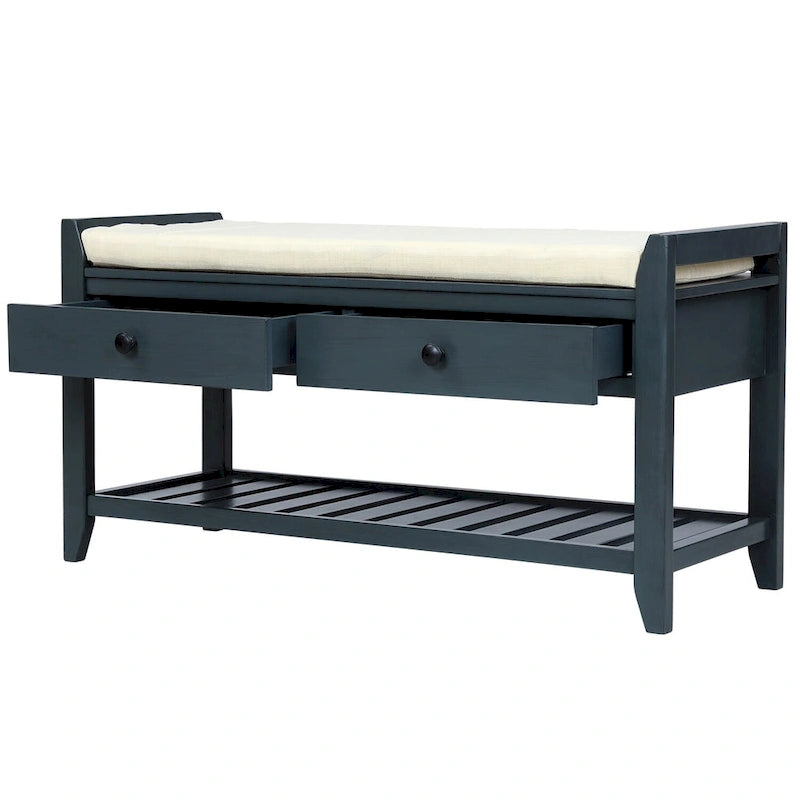 39-Inch Wood Storage Bench with Cushion, Drawers and Shoe Rack