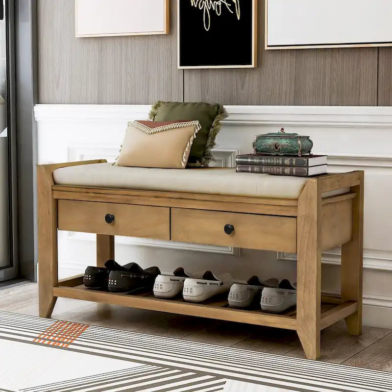 39-Inch Wood Storage Bench with Cushion, Drawers and Shoe Rack