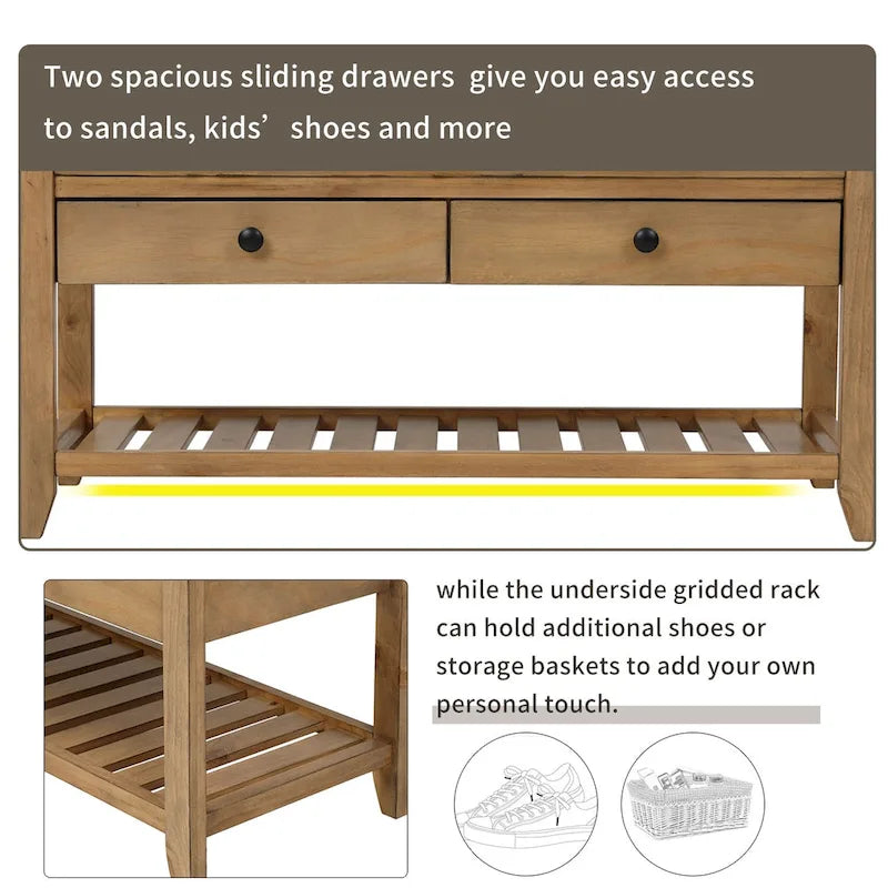 39-Inch Wood Storage Bench with Cushion, Drawers and Shoe Rack