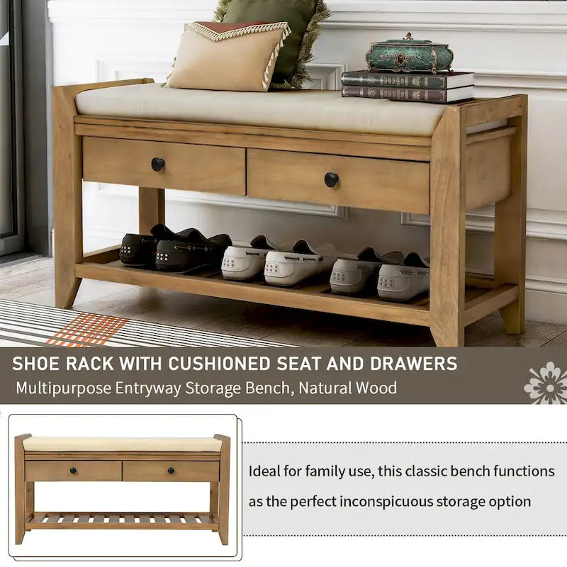 39-Inch Wood Storage Bench with Cushion, Drawers and Shoe Rack