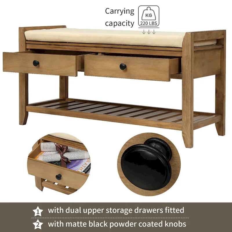 39-Inch Wood Storage Bench with Cushion, Drawers and Shoe Rack