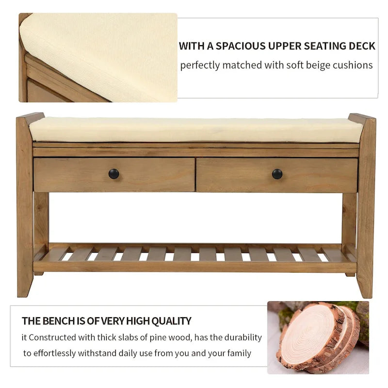 39-Inch Wood Storage Bench with Cushion, Drawers and Shoe Rack