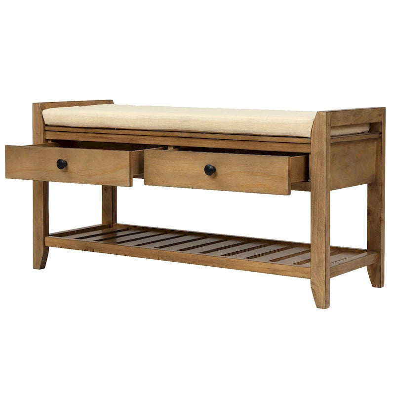 39-Inch Wood Storage Bench with Cushion, Drawers and Shoe Rack