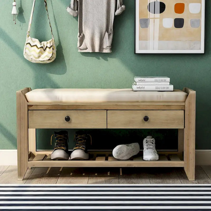 39-Inch Wood Storage Bench with Cushion, Drawers and Shoe Rack