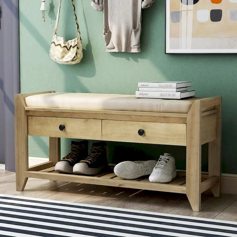 39-Inch Wood Storage Bench with Cushion, Drawers and Shoe Rack