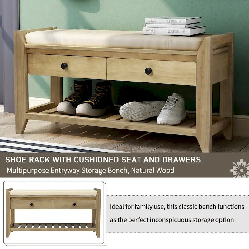 39-Inch Wood Storage Bench with Cushion, Drawers and Shoe Rack