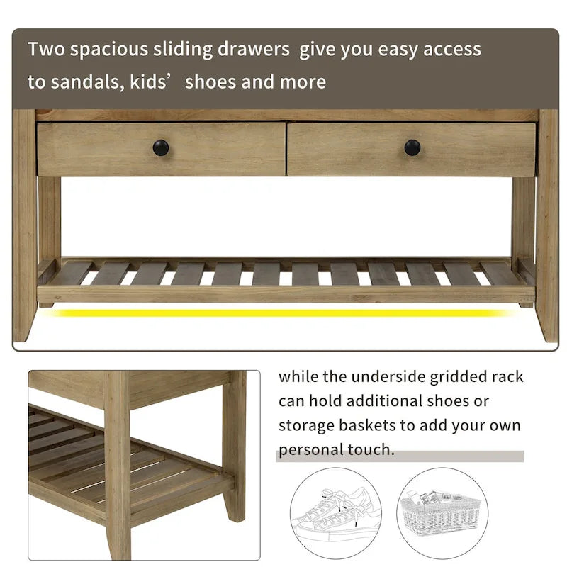 39-Inch Wood Storage Bench with Cushion, Drawers and Shoe Rack