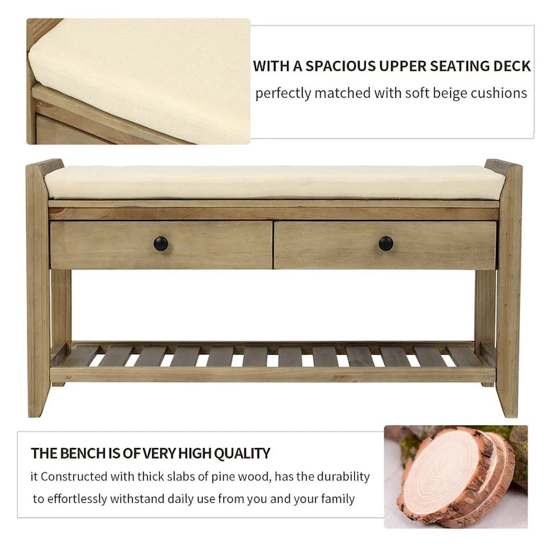39-Inch Wood Storage Bench with Cushion, Drawers and Shoe Rack