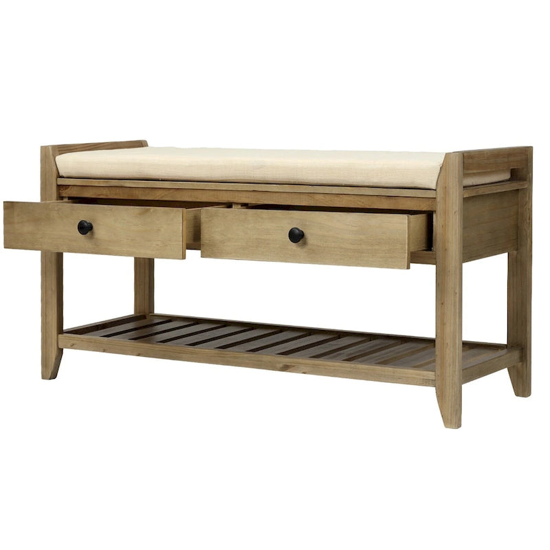 39-Inch Wood Storage Bench with Cushion, Drawers and Shoe Rack