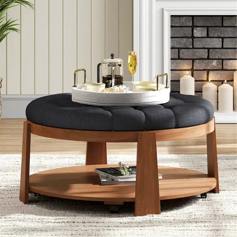 Round Tufted Ottoman Coffee Table with Storage Shelf and Wheels