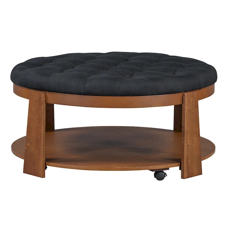 Ronde gecapitonneerde poef-salontafel met opbergplank en wielen