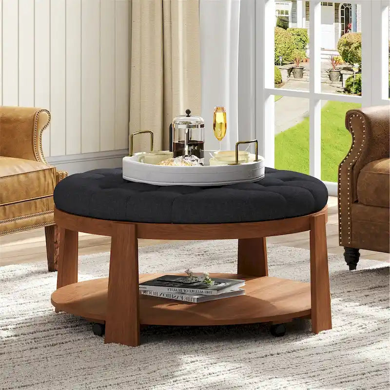 Round Tufted Ottoman Coffee Table with Storage Shelf and Wheels