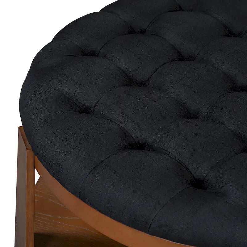 Ronde gecapitonneerde poef-salontafel met opbergplank en wielen