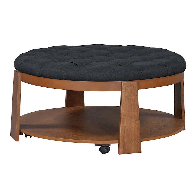 Ronde gecapitonneerde poef-salontafel met opbergplank en wielen