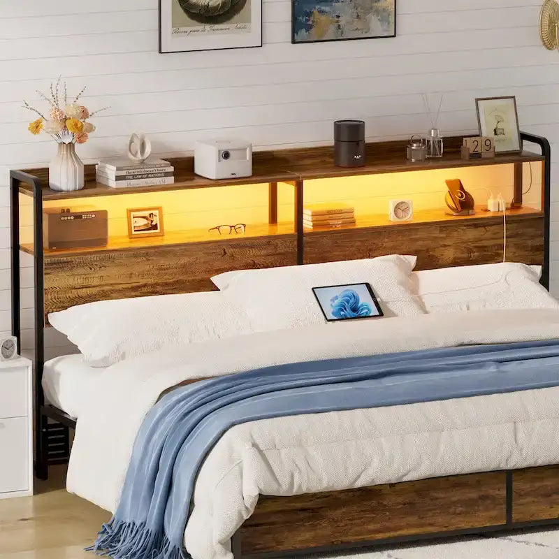 LED Headboard with 2-Tier Storage Shelves, Outlets and USB Ports