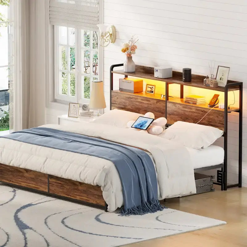 LED Headboard with 2-Tier Storage Shelves, Outlets and USB Ports