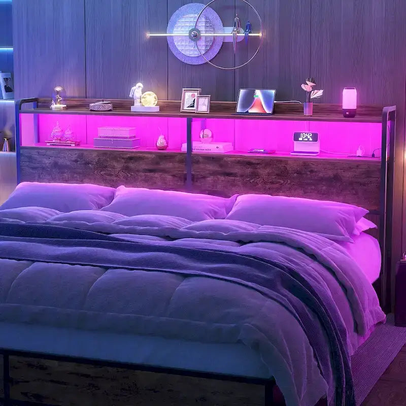 LED Headboard with 2-Tier Storage Shelves, Outlets and USB Ports