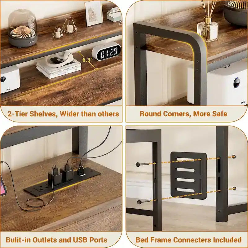 LED Headboard with 2-Tier Storage Shelves, Outlets and USB Ports