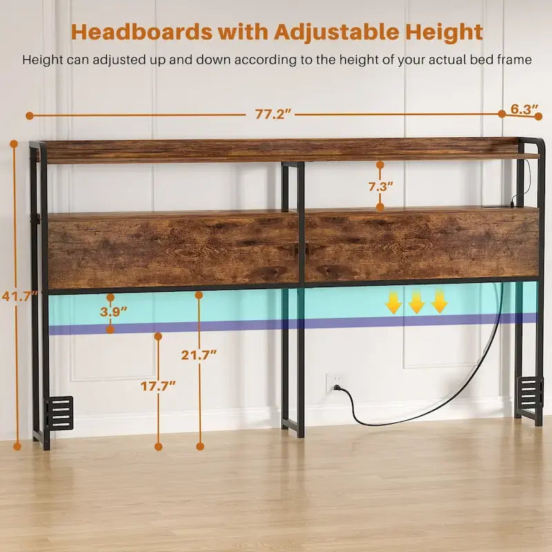LED Headboard with 2-Tier Storage Shelves, Outlets and USB Ports