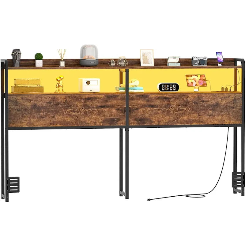LED Headboard with 2-Tier Storage Shelves, Outlets and USB Ports