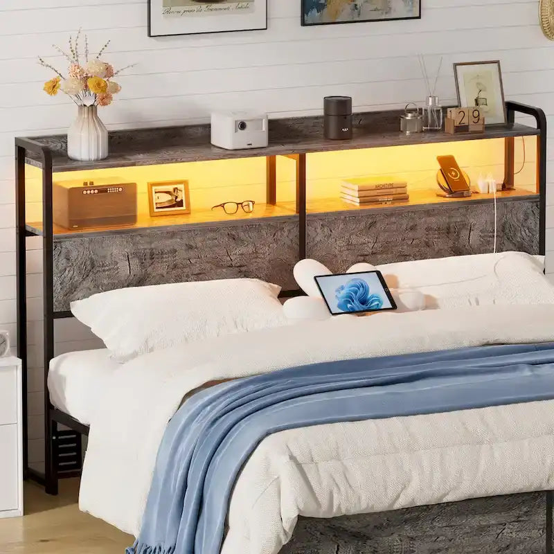 LED Headboard with 2-Tier Storage Shelves, Outlets and USB Ports