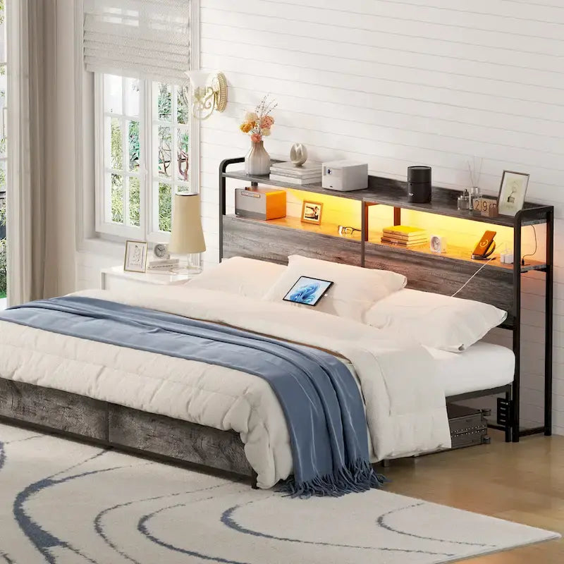 LED Headboard with 2-Tier Storage Shelves, Outlets and USB Ports